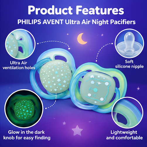 Philips Avent Ultra Air Nighttime Pacifiers, Glow in the Dark, 0–6 Months, 2-Pack