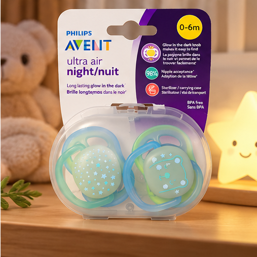 Philips Avent Ultra Air Nighttime Pacifiers, Glow in the Dark, 0–6 Months, 2-Pack