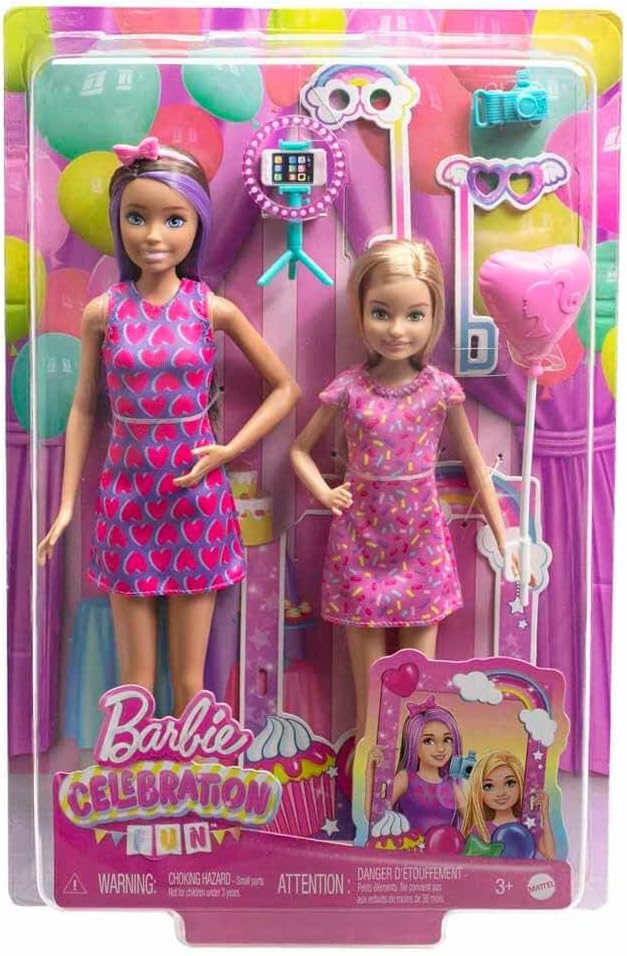 Barbie Celebration Fun dolls in packaging with balloons and selfie stick.