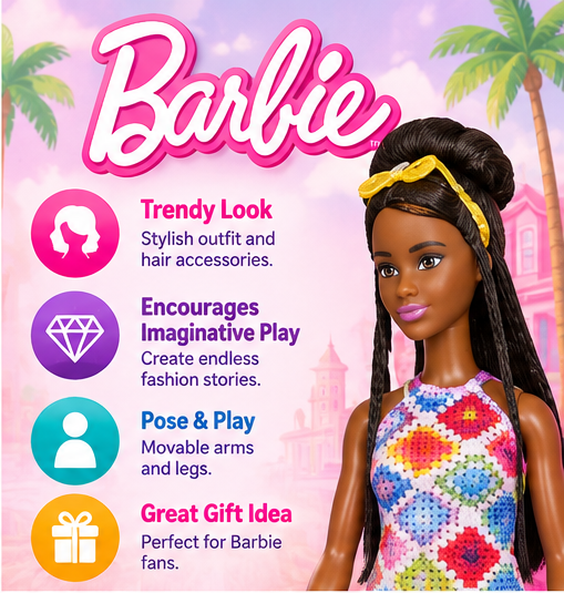 Barbie Fashion Doll – Colourful Geometric Print Dress
