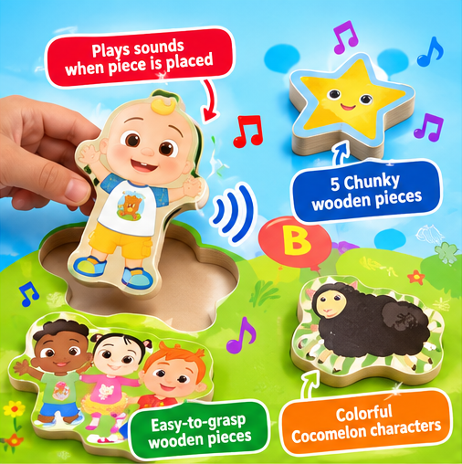 CoComelon Wooden Sound Puzzle – 5-Piece Musical Puzzle for Kids