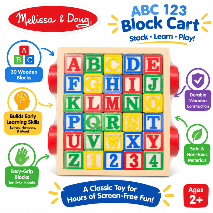 Melissa & Doug ABC Block Cart – 30 Wooden Alphabet and Number Blocks
