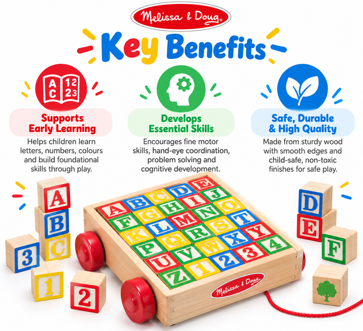 Melissa & Doug ABC Block Cart – 30 Wooden Alphabet and Number Blocks