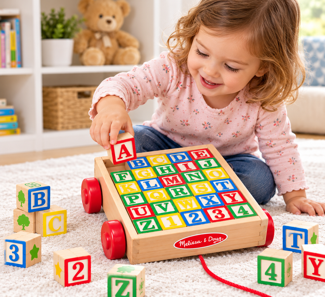 Melissa & Doug ABC Block Cart – 30 Wooden Alphabet and Number Blocks