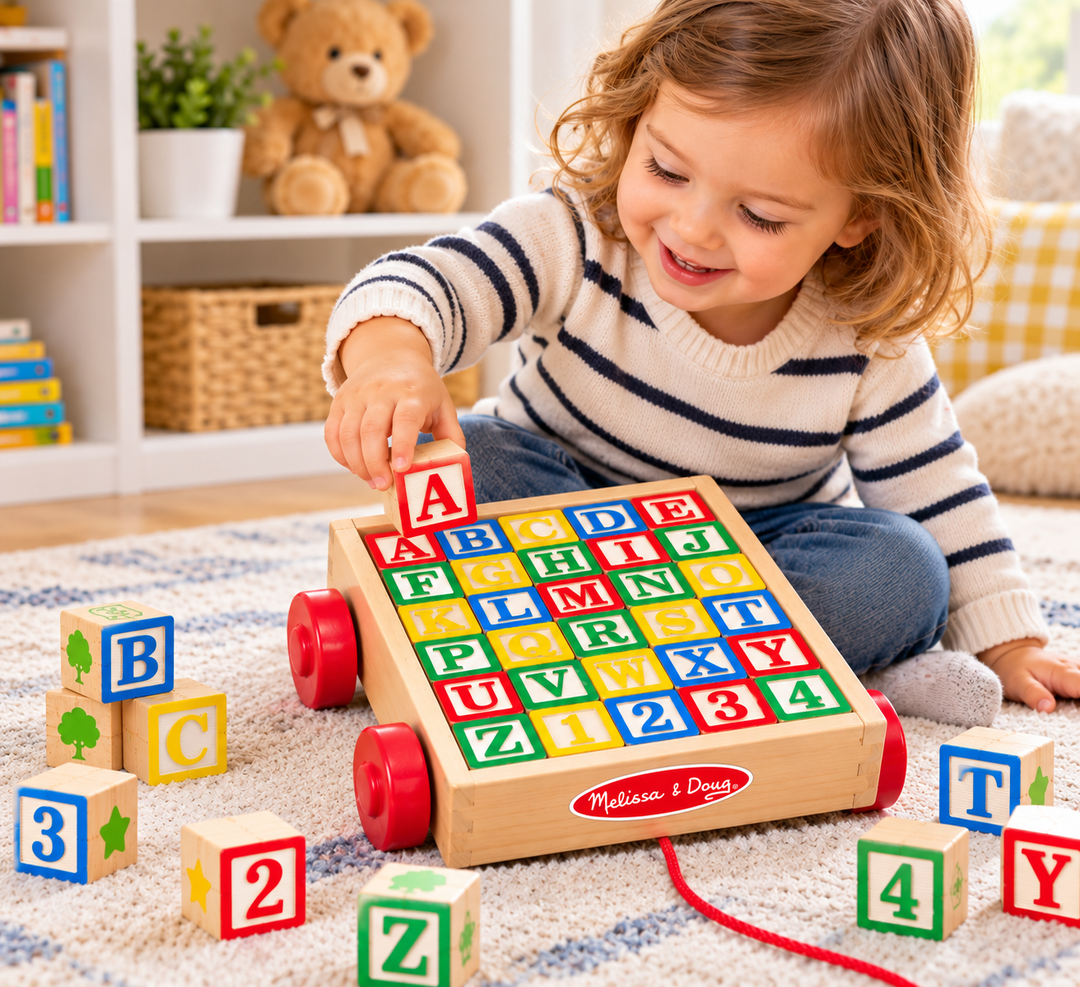 Melissa & Doug ABC Block Cart – 30 Wooden Alphabet and Number Blocks