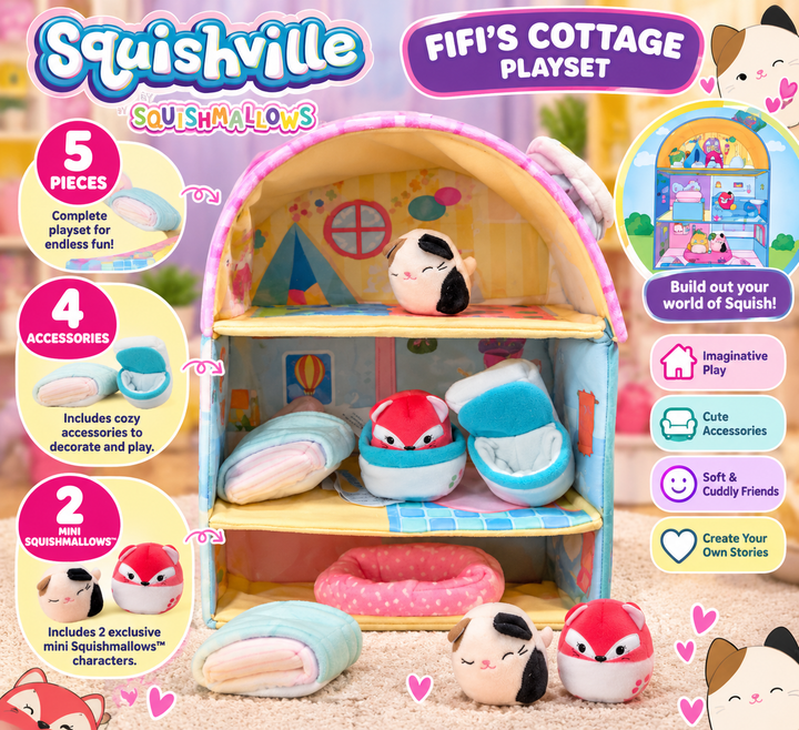 Squishville by Squishmallows Fifi’s Cottage Playset – 17 Pieces